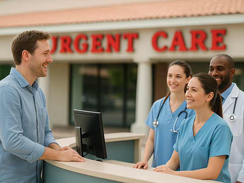Smiling clinic staff welcomes walk-in visitor at clean, modern urgent care reception, natural light.